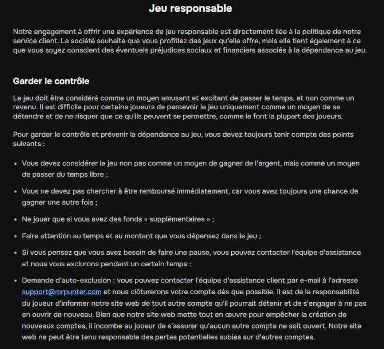 Mr Punter Casino jeu responsable